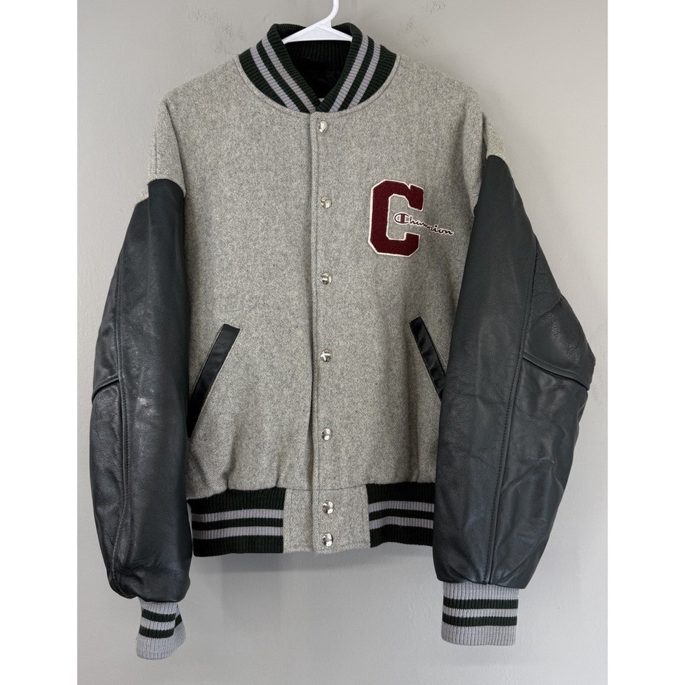 Vtg Champions Bomber Varsity Jacket Adult Large Heavy Leather / Wool Blend